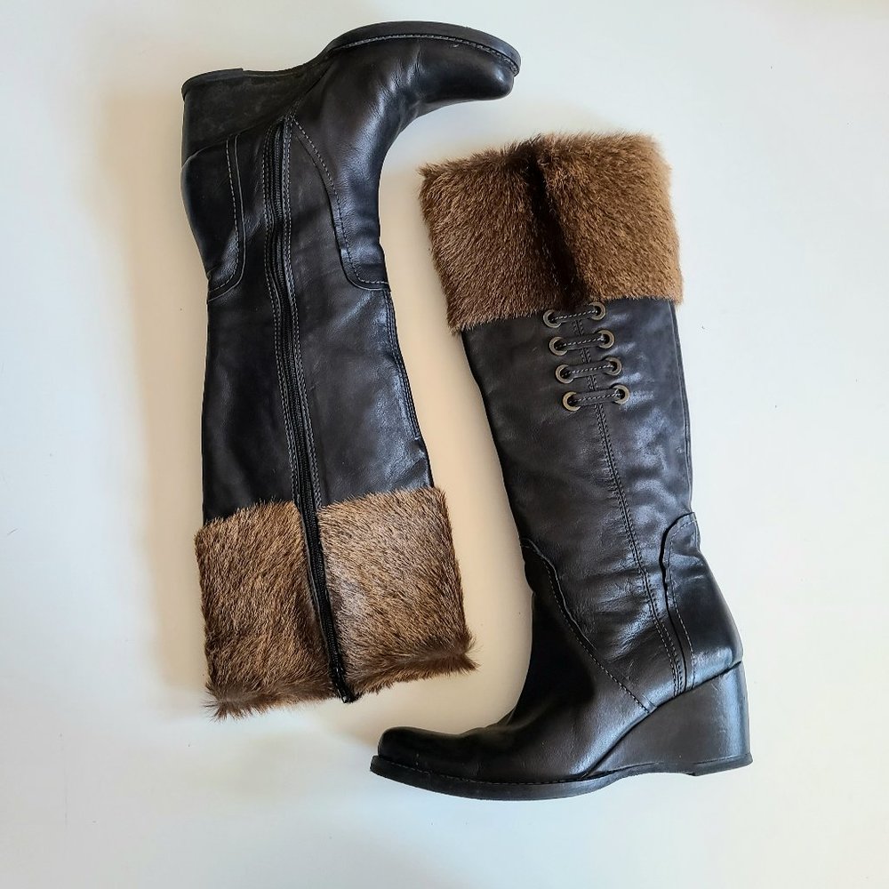 Apepazza black leather wedge boots with real fur trim.